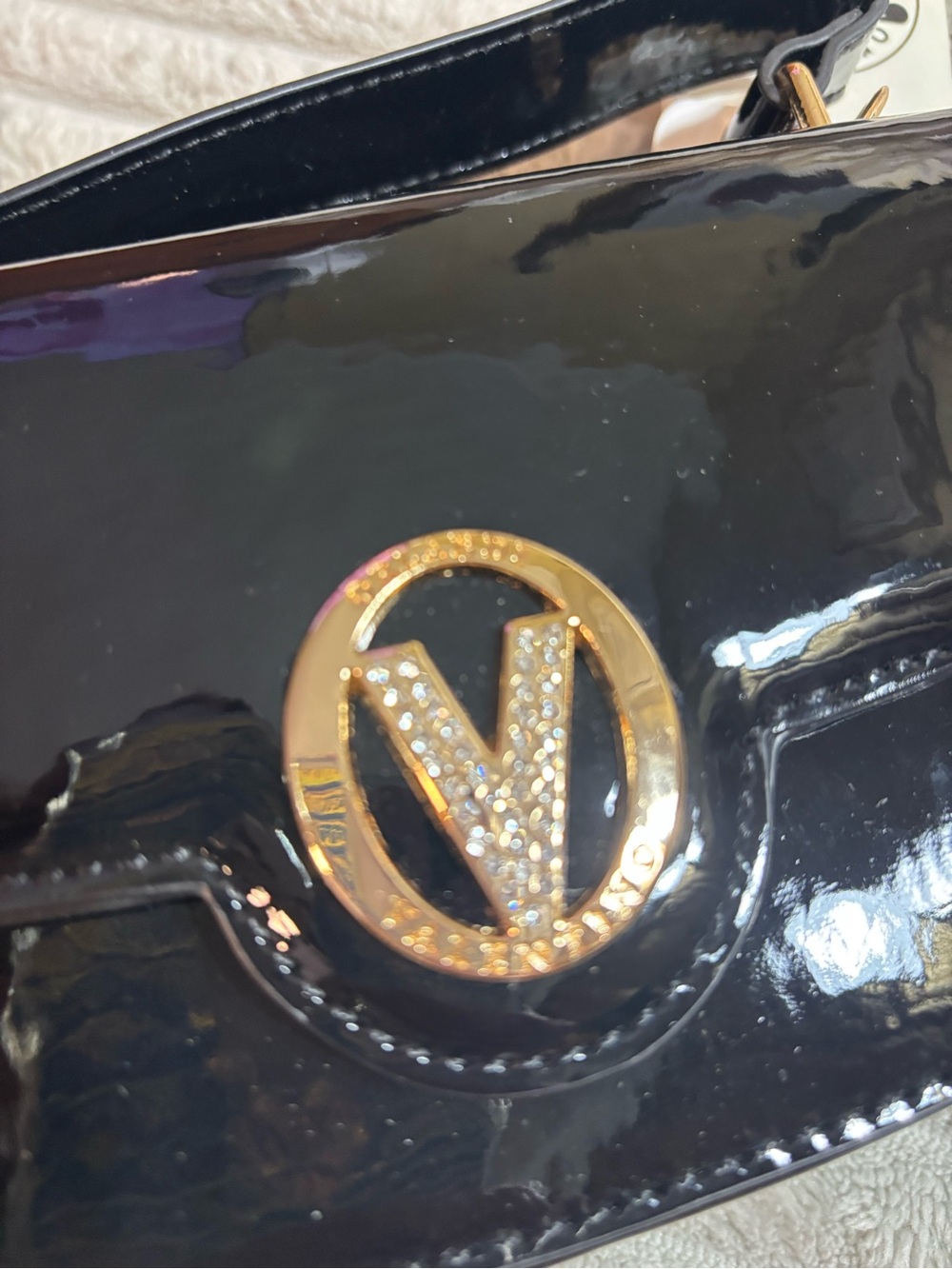 Patent Black Women's Shoulder Bag with Gold Logo-Valentino Orlandi